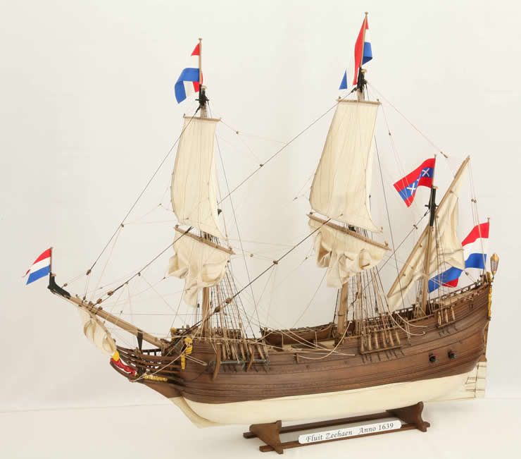Model van het schip de Zeehaen van Abel Tasman. Bron: http://www.modelships.de/Fluyt-Zeehaen/Fluyt-Zeehaen.htm.